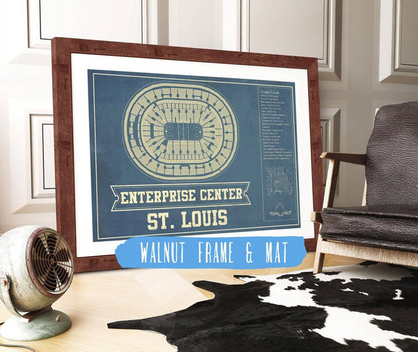 20" x 16" / Walnut Frame & Mat Cutler West St. Louis Blues - Enterprise Center Vintage Hockey Blueprint NHL Print