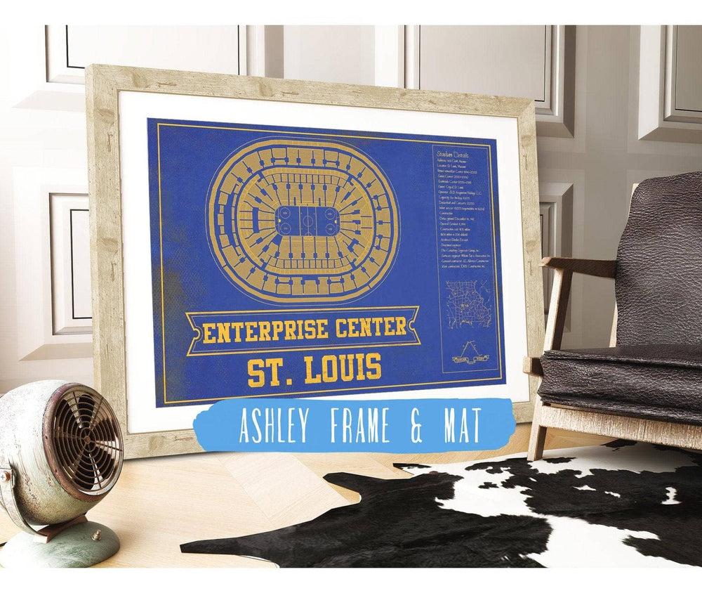14" x 11" / Stretched Canvas Wrap Cutler West St. Louis Blues Team Colors - Enterprise Center Vintage Hockey Blueprint NHL Print