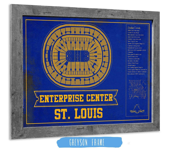 14" x 11" / Greyson Frame Cutler West St. Louis Blues Team Colors - Enterprise Center Vintage Hockey Blueprint NHL Print