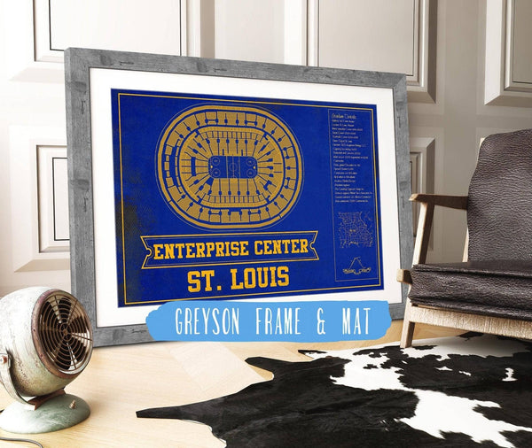14" x 11" / Greyson Frame & Mat Cutler West St. Louis Blues Team Colors - Enterprise Center Vintage Hockey Blueprint NHL Print