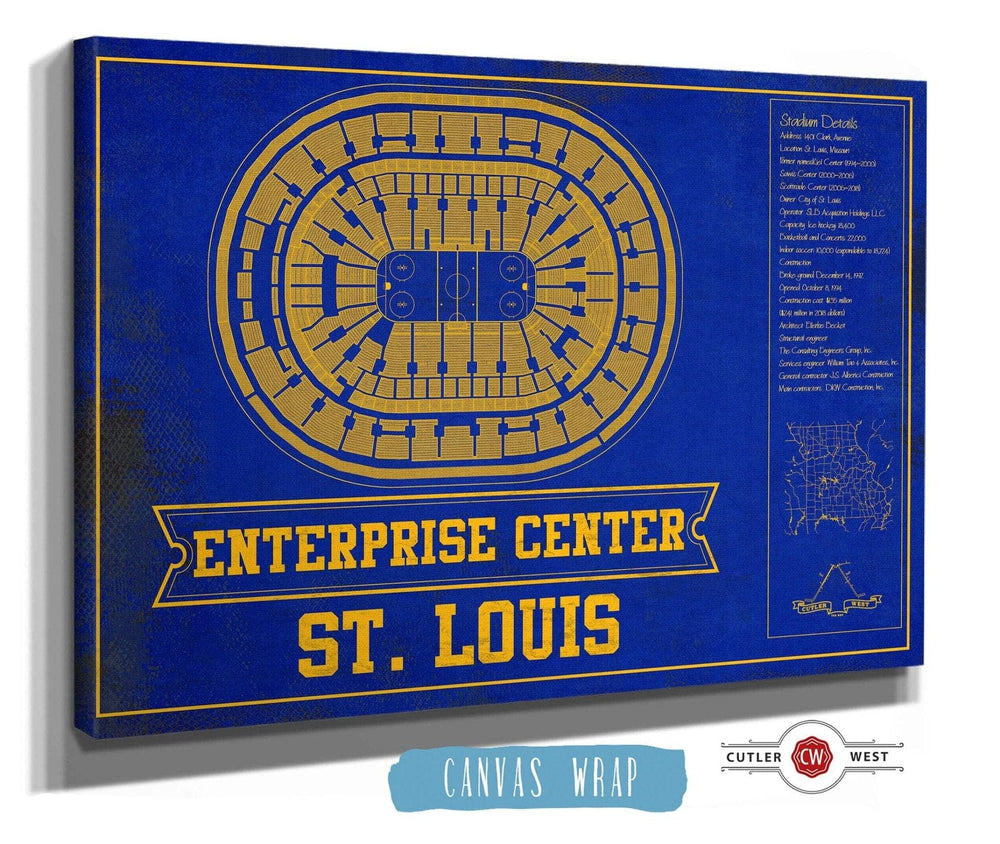 14" x 11" / Stretched Canvas Wrap Cutler West St. Louis Blues Team Colors - Enterprise Center Vintage Hockey Blueprint NHL Print