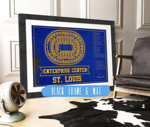 20" x 16" / Black Frame & Mat Cutler West St. Louis Blues Team Colors - Enterprise Center Vintage Hockey Blueprint NHL Print