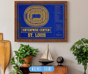 20" x 16" / Walnut Frame Cutler West St. Louis Blues Team Colors - Enterprise Center Vintage Hockey Blueprint NHL Print