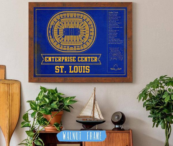 20" x 16" / Walnut Frame Cutler West St. Louis Blues Team Colors - Enterprise Center Vintage Hockey Blueprint NHL Print