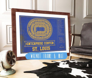 20" x 16" / Walnut Frame & Mat Cutler West St. Louis Blues Team Colors - Enterprise Center Vintage Hockey Blueprint NHL Print