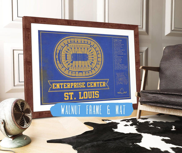 20" x 16" / Walnut Frame & Mat Cutler West St. Louis Blues Team Colors - Enterprise Center Vintage Hockey Blueprint NHL Print