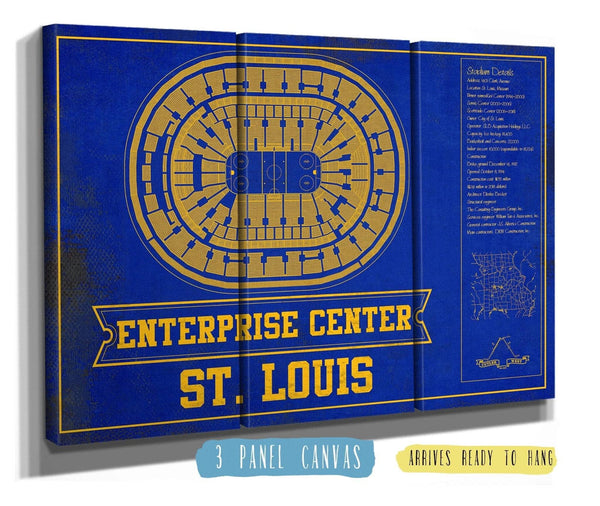 48" x 36" / 3 Panel Canvas Wrap Cutler West St. Louis Blues Team Colors - Enterprise Center Vintage Hockey Blueprint NHL Print