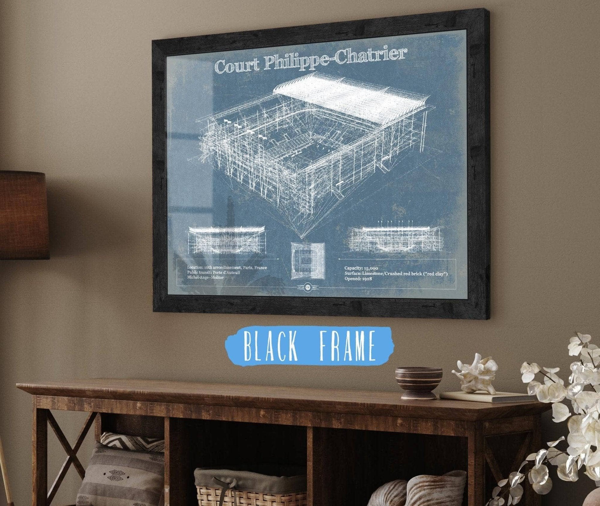 Cutler West Tennis Arena 14" x 11" / Black Frame Stade Court Philippe Chatrier - Roland Garros - Vintage France Tennis Blueprint Art 933311313_5672