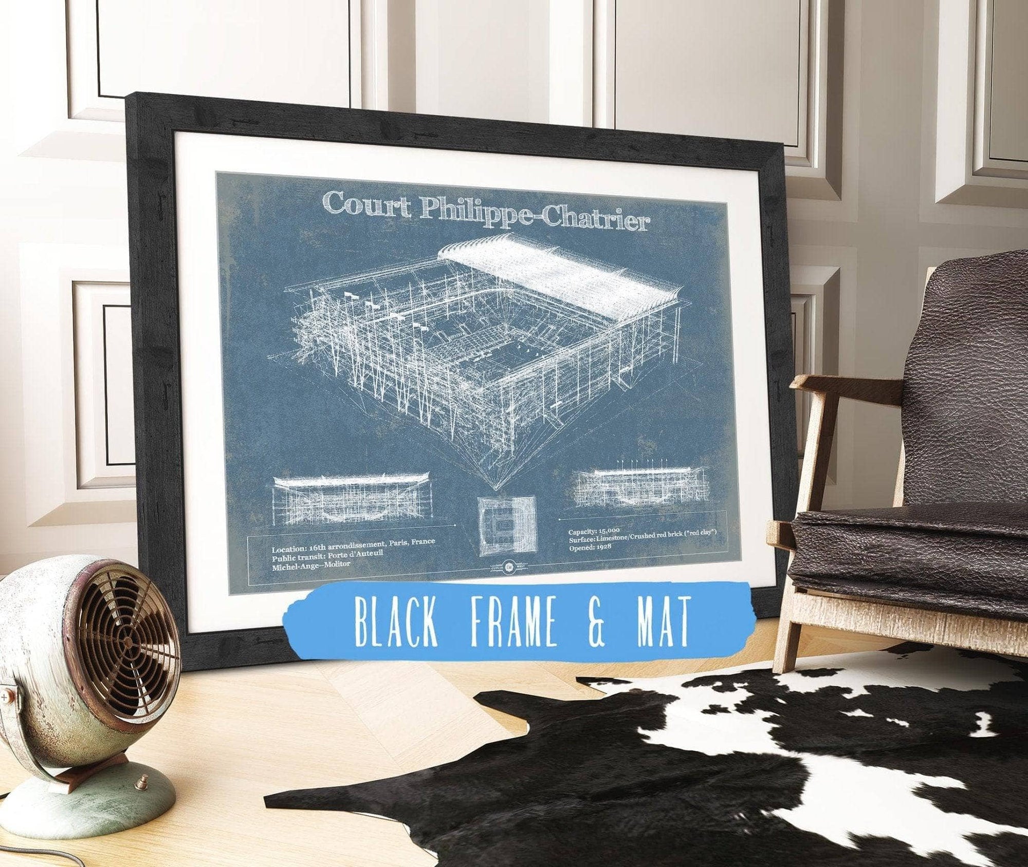 Cutler West Tennis Arena 14" x 11" / Black Frame & Mat Stade Court Philippe Chatrier - Roland Garros - Vintage France Tennis Blueprint Art 933311313_5673