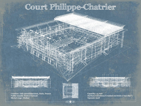 14" x 11" / Unframed Cutler West Stade Court Philippe Chatrier - Roland Garros - Vintage France Tennis Blueprint Art