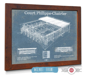 20" x 16" / Walnut Frame Cutler West Stade Court Philippe Chatrier - Roland Garros - Vintage France Tennis Blueprint Art