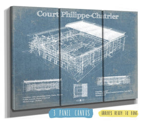 36" x 24" / 3 Panel Canvas Wrap Cutler West Stade Court Philippe Chatrier - Roland Garros - Vintage France Tennis Blueprint Art