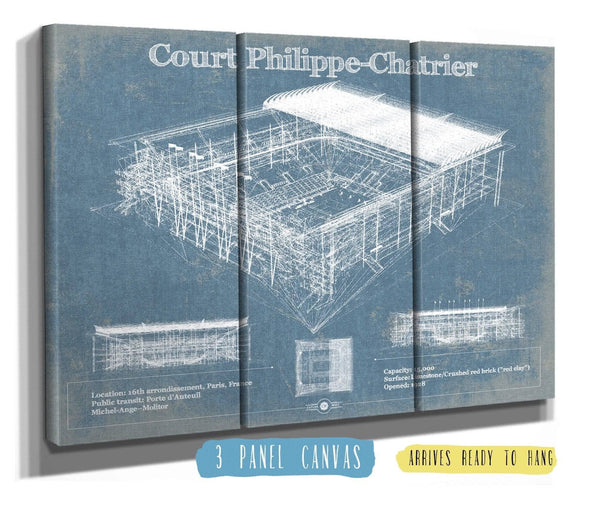 36" x 24" / 3 Panel Canvas Wrap Cutler West Stade Court Philippe Chatrier - Roland Garros - Vintage France Tennis Blueprint Art