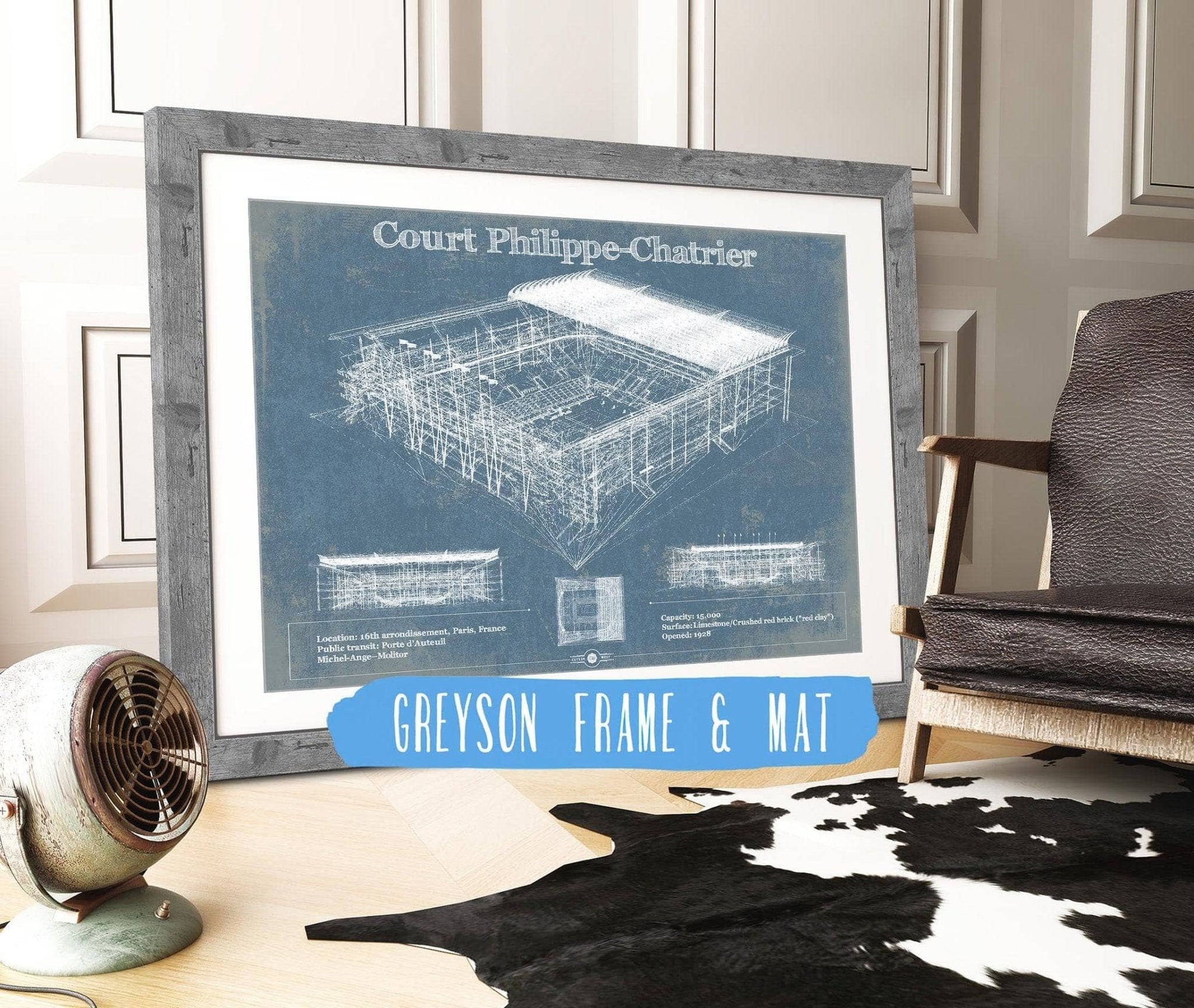 Cutler West Tennis Arena 14" x 11" / Greyson Frame & Mat Stade Court Philippe Chatrier - Roland Garros - Vintage France Tennis Blueprint Art 933311313_5679