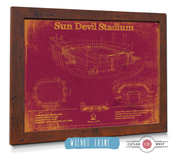 20" x 16" / Walnut Frame Cutler West Sun Devil Stadium Wall Art - Vintage Arizona State Sun Devils Art
