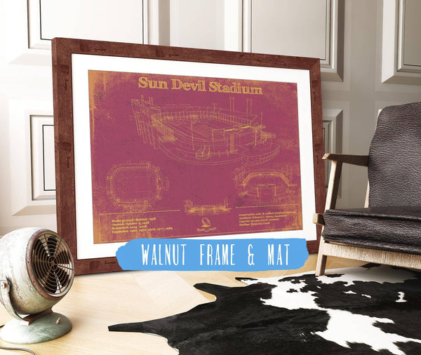 20" x 16" / Walnut Frame & Mat Cutler West Sun Devil Stadium Wall Art - Vintage Arizona State Sun Devils Art