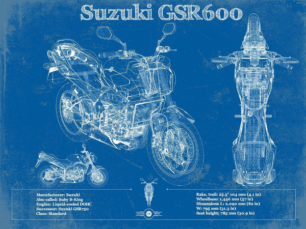 14" x 11" / Unframed Cutler West Suzuki GSR600 Blueprint Motorcycle Patent Print
