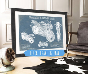 20" x 16" / Black Frame & Mat Cutler West Suzuki GSX R750 Blueprint Motorcycle Patent Print