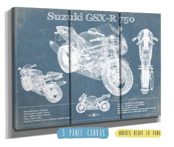 48" x 36" / 3 Panel Canvas Wrap Cutler West Suzuki GSX R750 Blueprint Motorcycle Patent Print