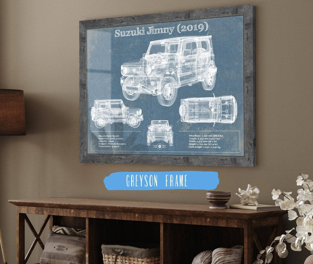 14" x 11" / Stretched Canvas Wrap Cutler West Suzuki Jimney 2019 Vintage Blueprint Auto Print