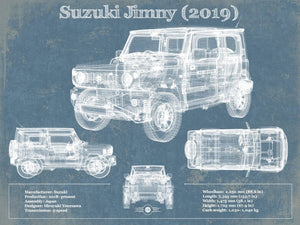 14" x 11" / Unframed Cutler West Suzuki Jimney 2019 Vintage Blueprint Auto Print