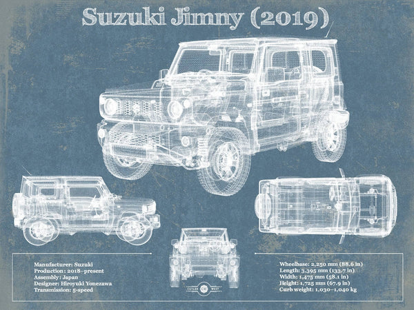 14" x 11" / Unframed Cutler West Suzuki Jimney 2019 Vintage Blueprint Auto Print