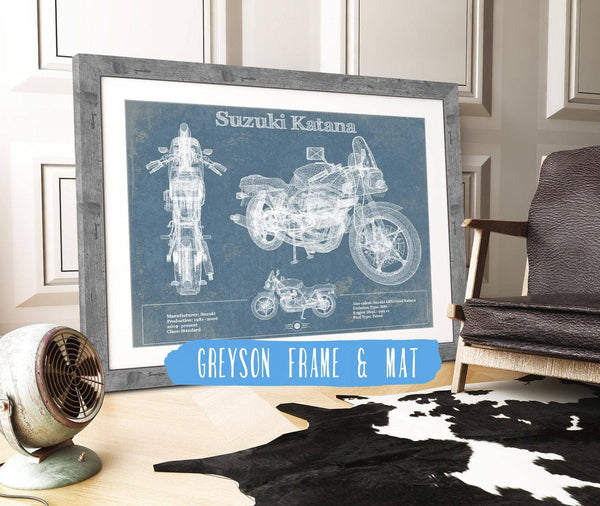 14" x 11" / Greyson Frame & Mat Cutler West Suzuki Katana Blueprint Motorcycle Patent Print