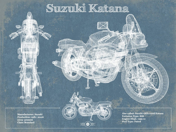 14" x 11" / Unframed Cutler West Suzuki Katana Blueprint Motorcycle Patent Print