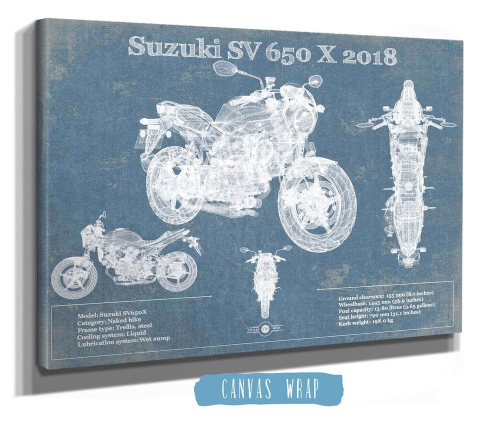 14" x 11" / Stretched Canvas Wrap Cutler West Suzuki SV 650 X 2018 Blueprint Motorcycle Patent Print