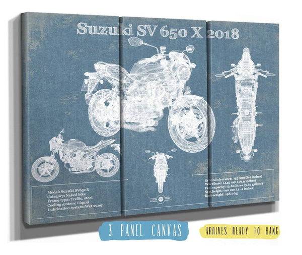 36" x 24" / 3 Panel Canvas Wrap Cutler West Suzuki SV 650 X 2018 Blueprint Motorcycle Patent Print