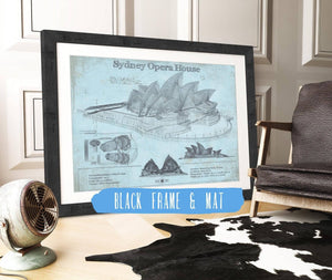 20" x 16" / Black Frame & Mat Cutler West Sydney Opera House Blueprint Vintage Art Print