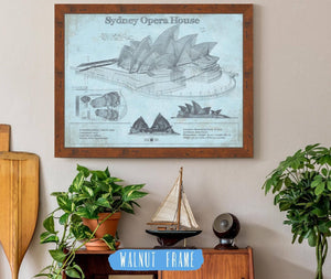 20" x 16" / Walnut Frame Cutler West Sydney Opera House Blueprint Vintage Art Print