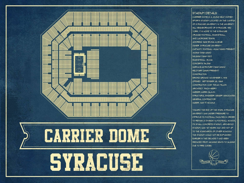 14" x 11" / Stretched Canvas Wrap Cutler West Syracuse Orange - Carrier Dome Seating Chart - College Basketball Blueprint Art