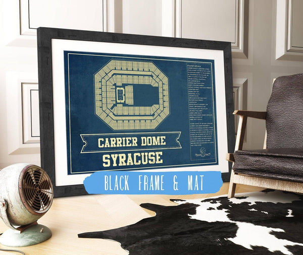 20" x 16" / Black Frame & Mat Cutler West Syracuse Orange - Carrier Dome Seating Chart - College Basketball Blueprint Art