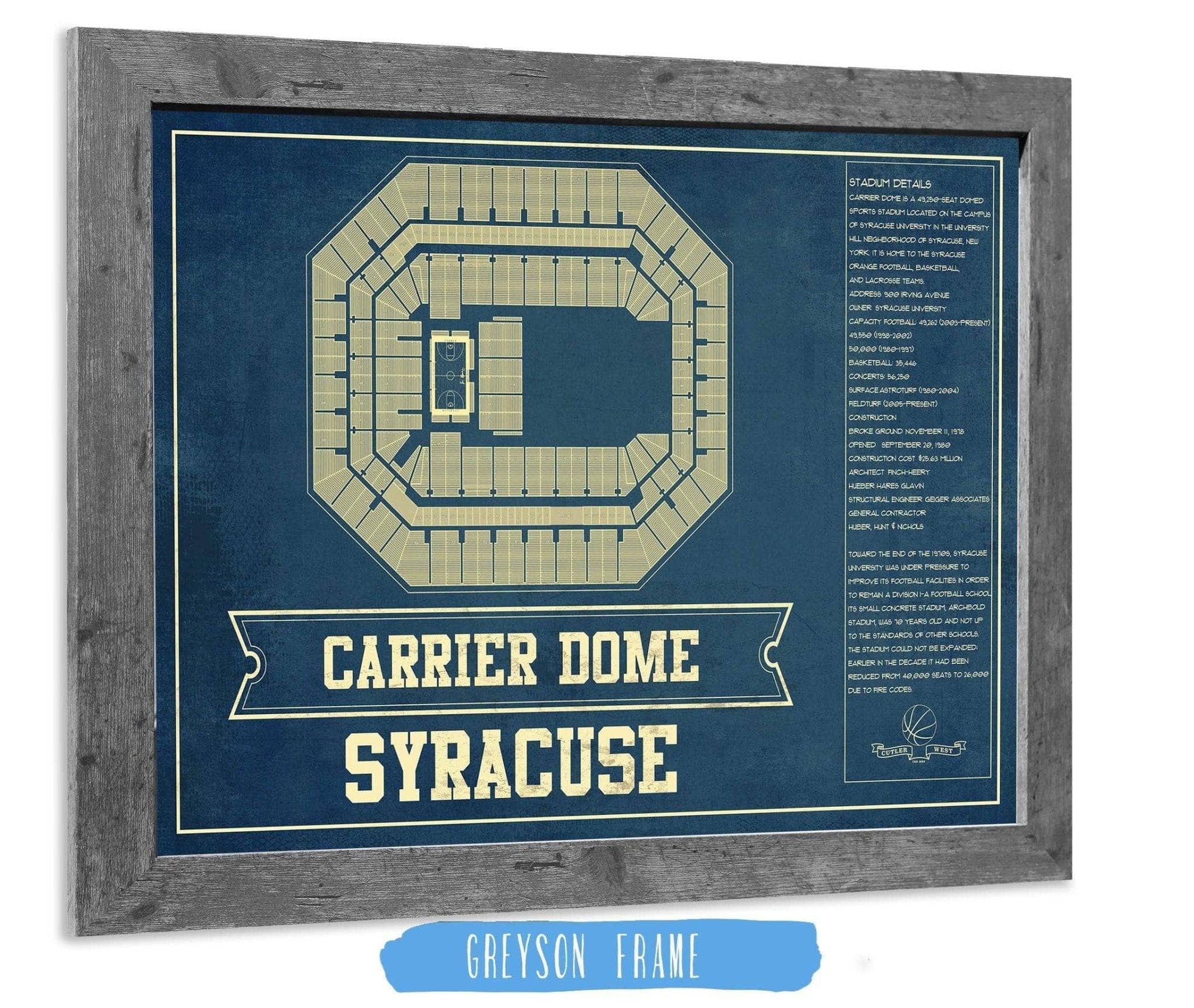 Cutler West Basketball Collection 14" x 11" / Greyson Frame Syracuse Orange - Carrier Dome Seating Chart - College Basketball Blueprint Art 675915943_82113