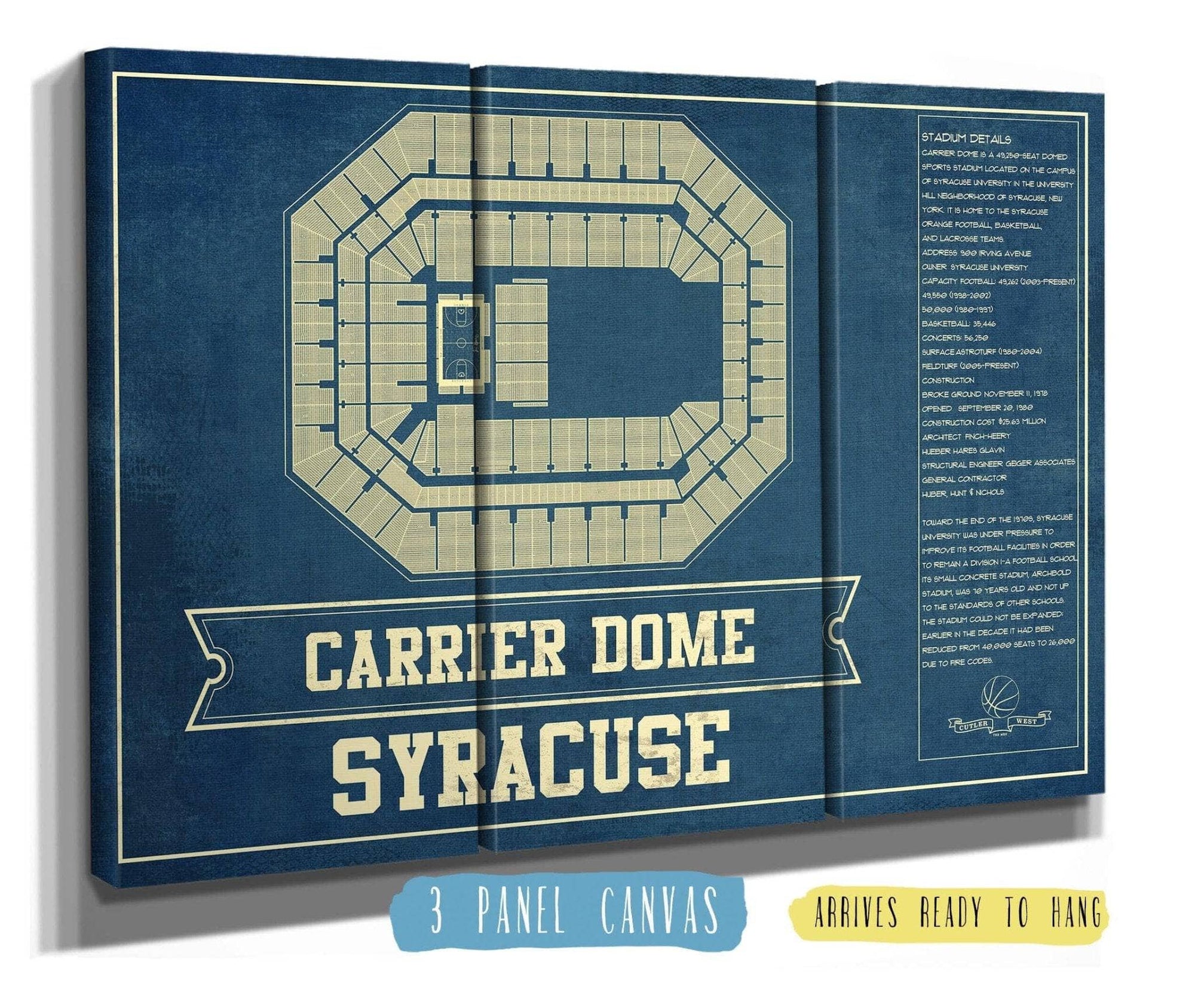 Cutler West Basketball Collection 48" x 32" / 3 Panel Canvas Wrap Syracuse Orange - Carrier Dome Seating Chart - College Basketball Blueprint Art 675915943_82156