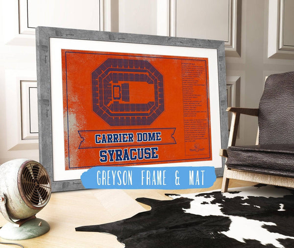 14" x 11" / Greyson Frame & Mat Cutler West Syracuse Orange - Carrier Dome Seating Chart - College Basketball Blueprint Team Color Art