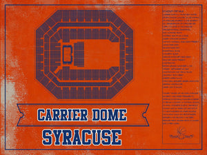 14" x 11" / Unframed Cutler West Syracuse Orange - Carrier Dome Seating Chart - College Basketball Blueprint Team Color Art