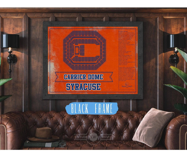 20" x 16" / Black Frame Cutler West Syracuse Orange - Carrier Dome Seating Chart - College Basketball Blueprint Team Color Art