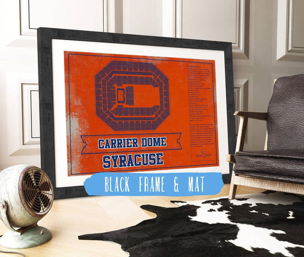 20" x 16" / Black Frame & Mat Cutler West Syracuse Orange - Carrier Dome Seating Chart - College Basketball Blueprint Team Color Art