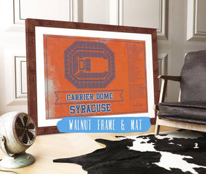 20" x 16" / Walnut Frame & Mat Cutler West Syracuse Orange - Carrier Dome Seating Chart - College Basketball Blueprint Team Color Art