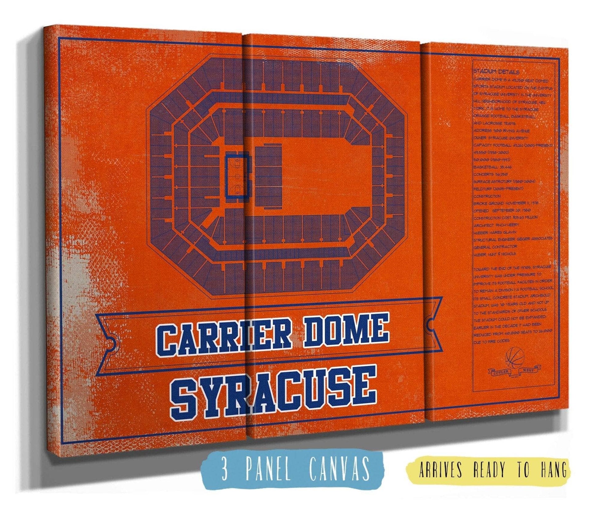 Cutler West Basketball Collection 48" x 32" / 3 Panel Canvas Wrap Syracuse Orange - Carrier Dome Seating Chart - College Basketball Blueprint Team Color Art 918947080-TOP