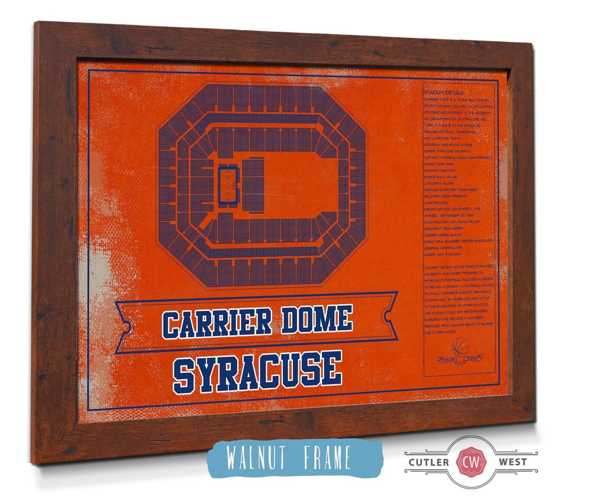 Cutler West Basketball Collection 14" x 11" / Walnut Frame Syracuse Orange - Carrier Dome Seating Chart - College Basketball Blueprint Team Color Art 918947080-TOP