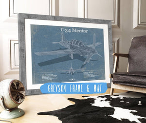 14" x 11" / Greyson Frame & Mat Cutler West T-34 Mentor Aircraft Blueprint Original Military Wall Art