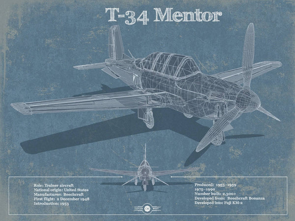 14" x 11" / Unframed Cutler West T-34 Mentor Aircraft Blueprint Original Military Wall Art