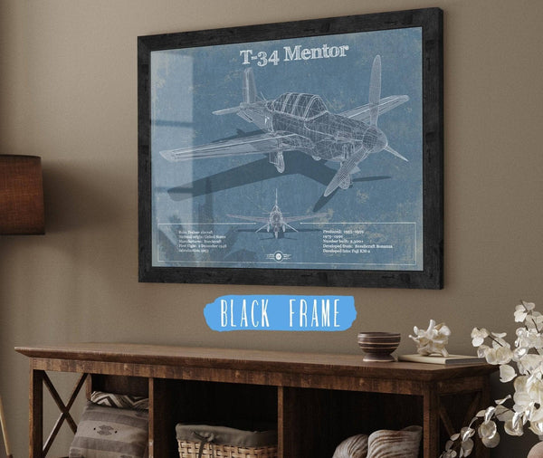 20" x 16" / Black Frame Cutler West T-34 Mentor Aircraft Blueprint Original Military Wall Art