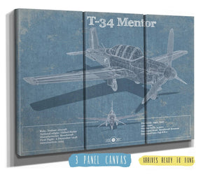 36" x 24" / 3 Panel Canvas Wrap Cutler West T-34 Mentor Aircraft Blueprint Original Military Wall Art
