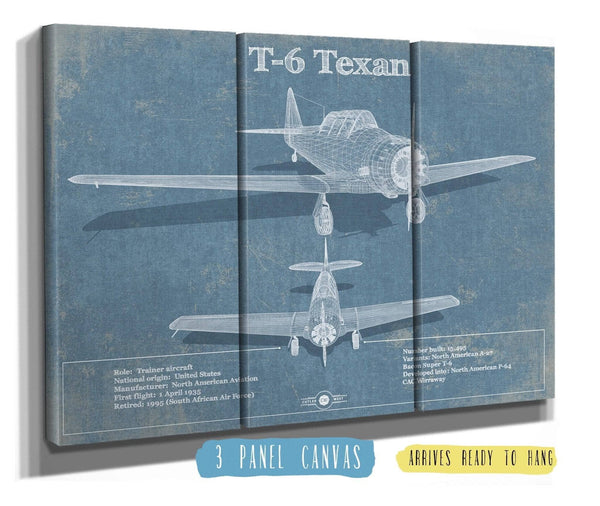 36" x 24" / 3 Panel Canvas Wrap Cutler West T-6 Texan Aircraft Blueprint Original Military Wall Art