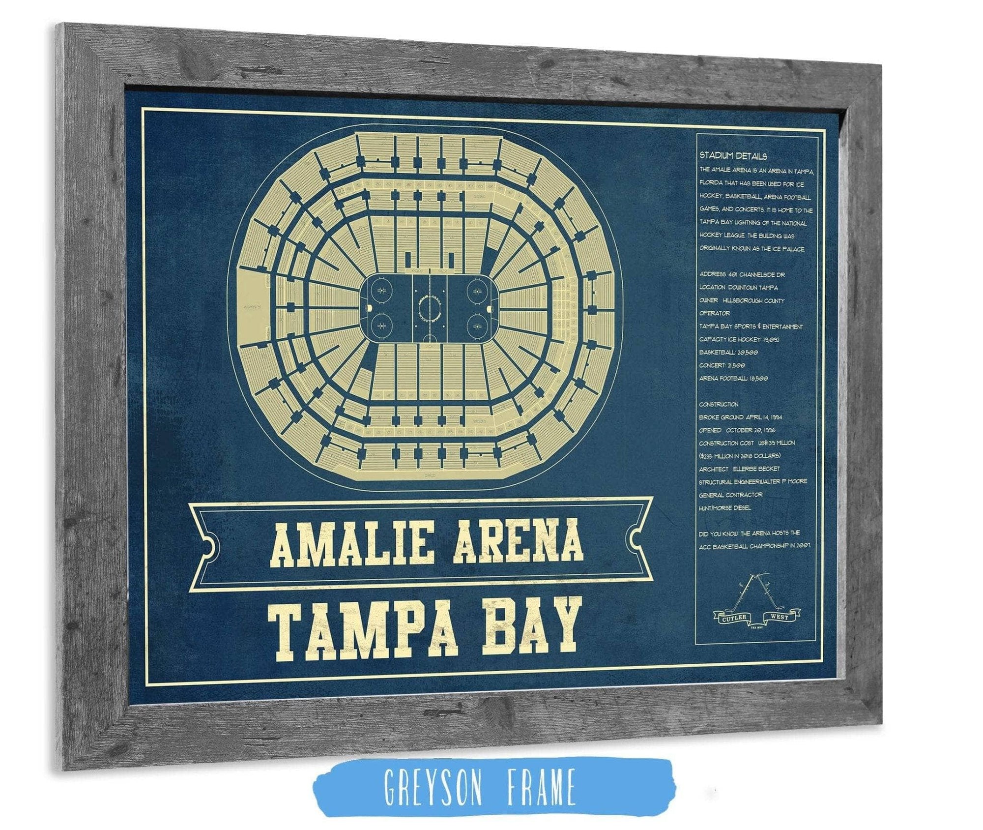 Cutler West 14" x 11" / Greyson Frame Tampa Bay Lightning Amalie Arena Seating Chart - Vintage Hockey Print 659984250-14"-x-11"81255