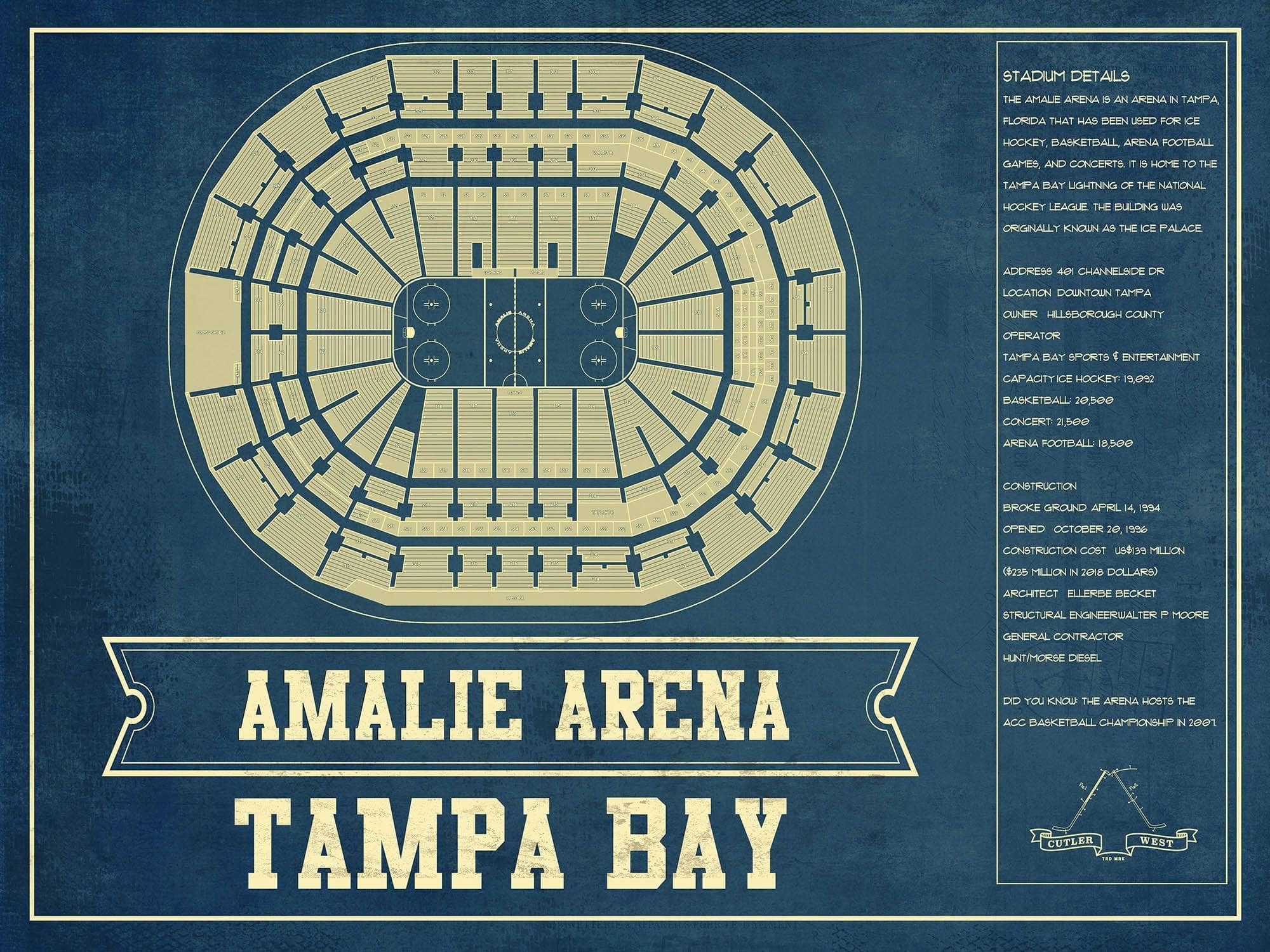 Cutler West 14" x 11" / Unframed Tampa Bay Lightning Amalie Arena Seating Chart - Vintage Hockey Print 659984250-14"-x-11"81248